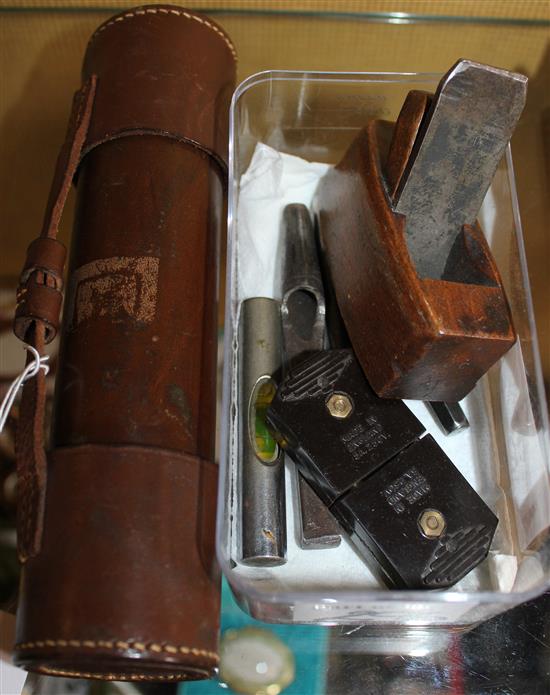 Leather cased 3-drawer telescope, miniature plane, etc